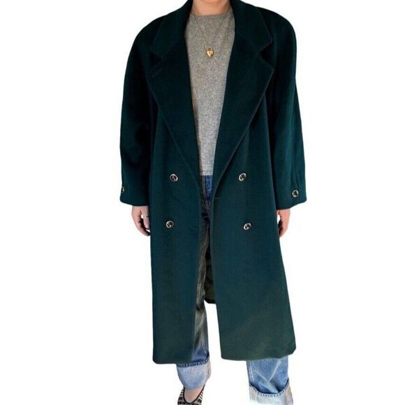 Vintage Ann Milstein Emerald Green Wool Exaggerated Shoulders Trench Coat Sz XL - Picture 3 of 12